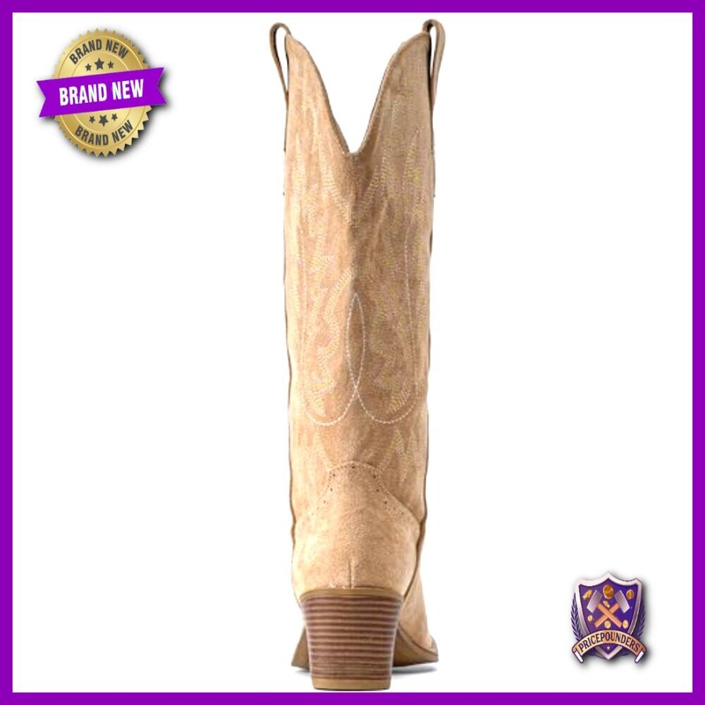 Suede Cowboy Boots Chunky Heel Pointed Toe Western Embroidery Mid Calf Boots - Picture 4 of 7